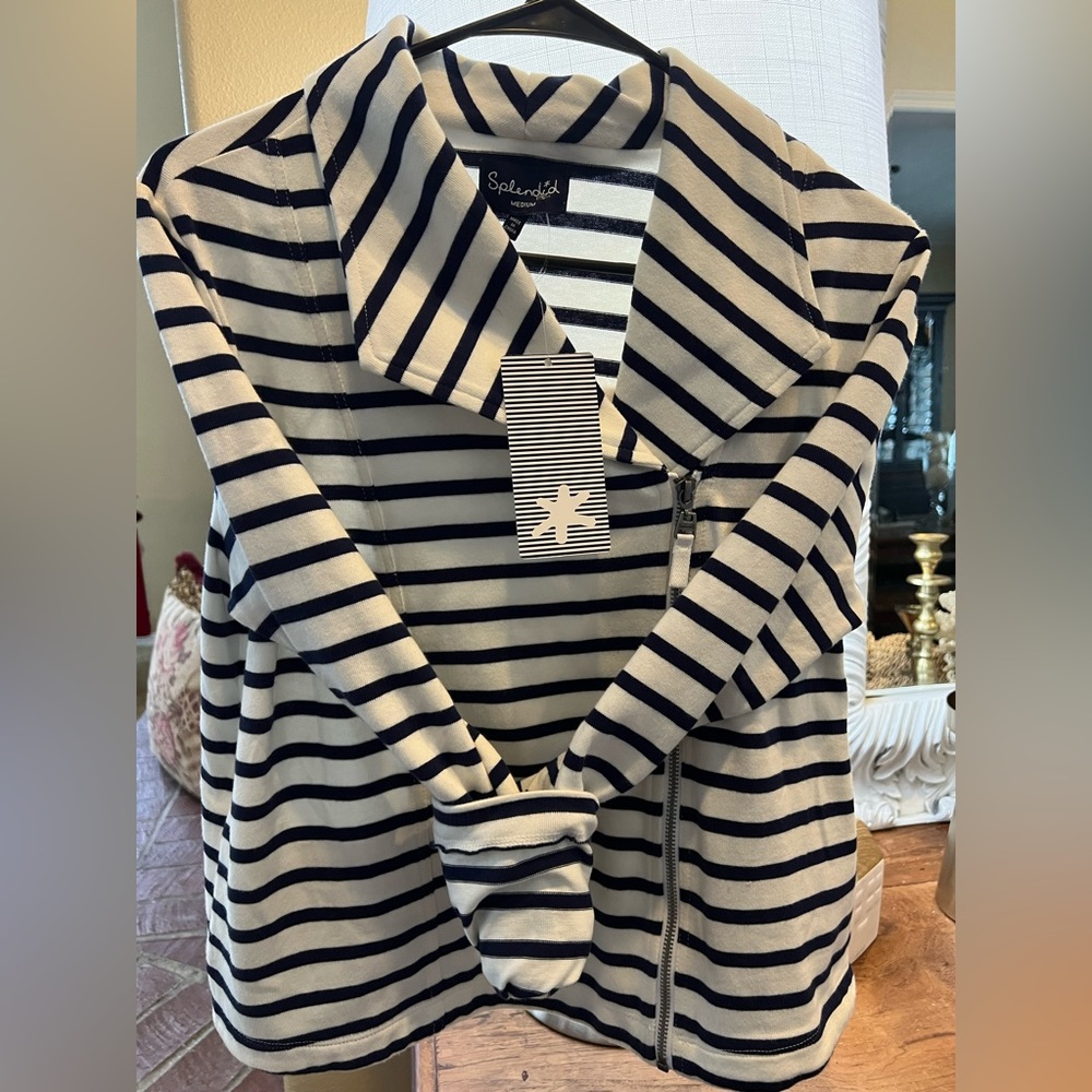 New With Tags Splendid Tan And Black Striped Moto Jacket Cotton Zip Up Size M